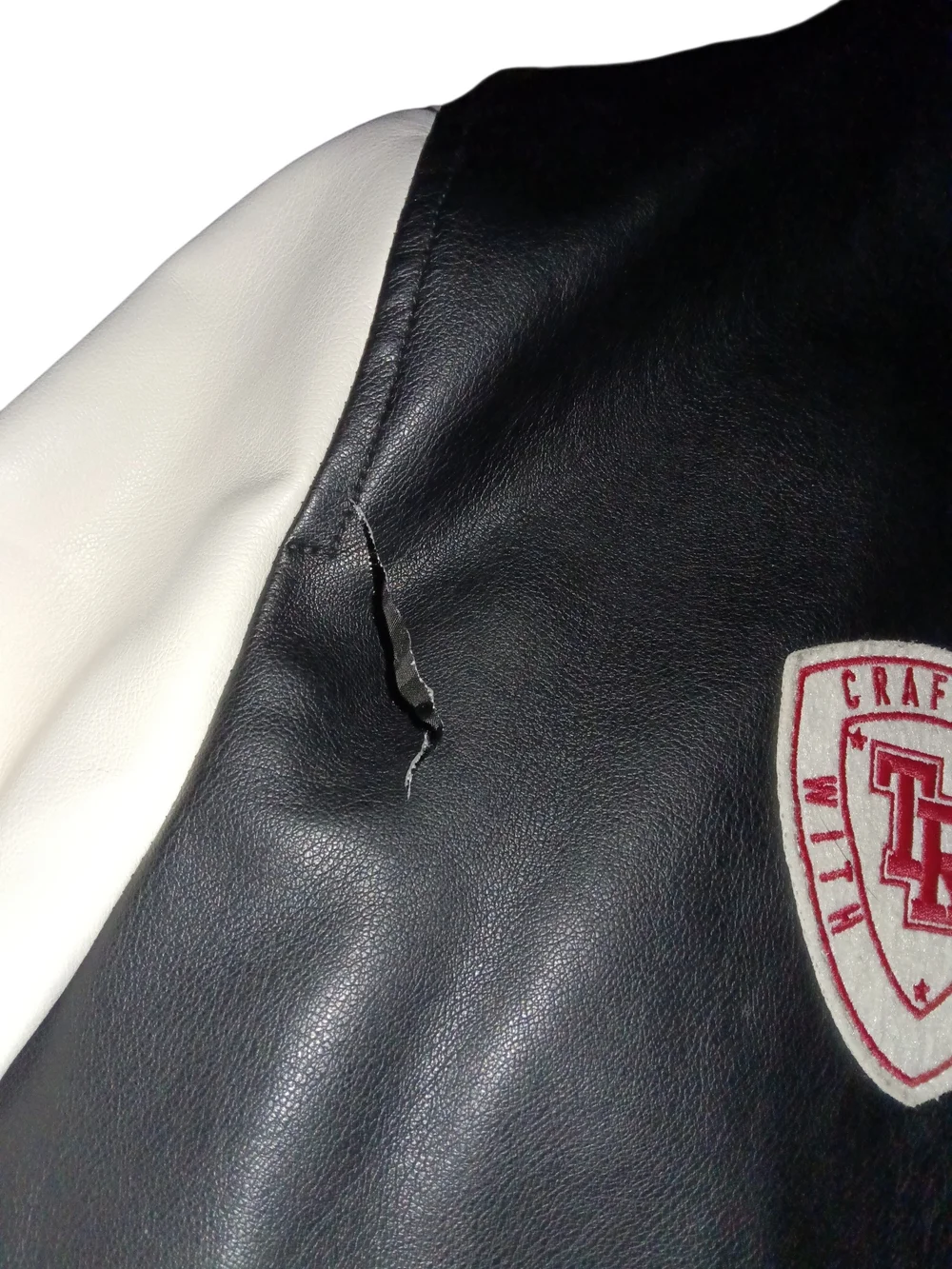 True Religion Black Body White Sleeve Varsity Jacket with Maroon Accents